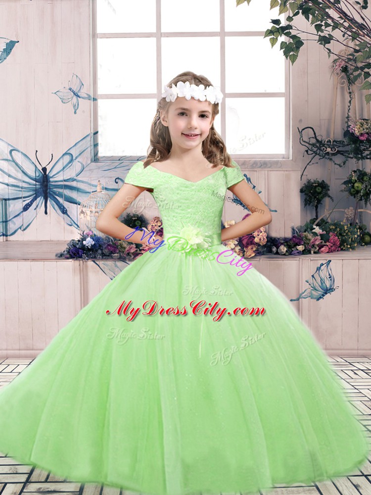 Floor Length Glitz Pageant Dress Tulle Sleeveless Lace and Belt