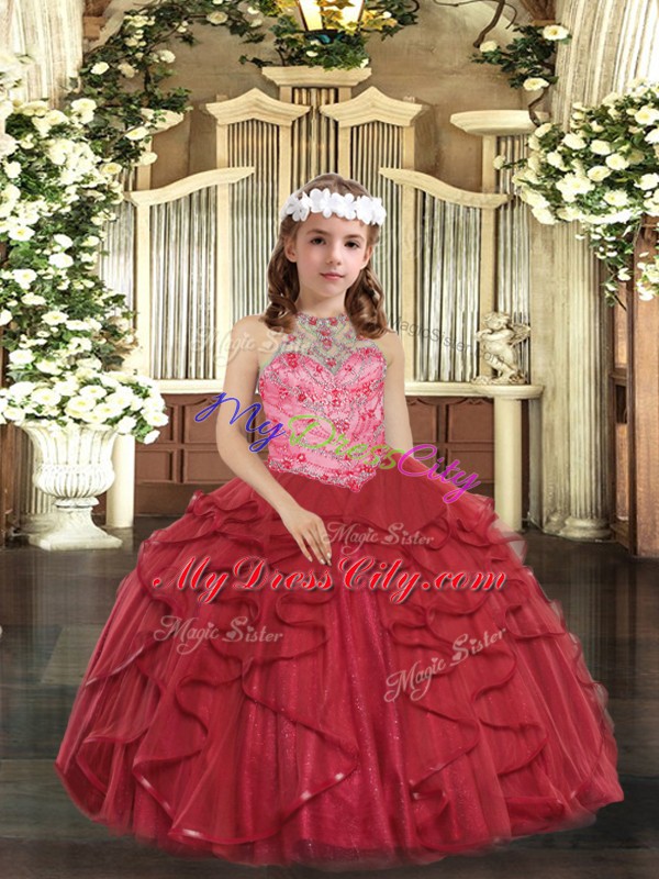 Custom Fit Sleeveless Floor Length Beading and Ruffles Lace Up Kids Formal Wear with Red