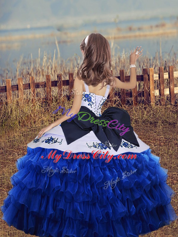 Turquoise Little Girls Pageant Dress Party and Wedding Party with Embroidery and Ruffled Layers Straps Sleeveless Lace Up