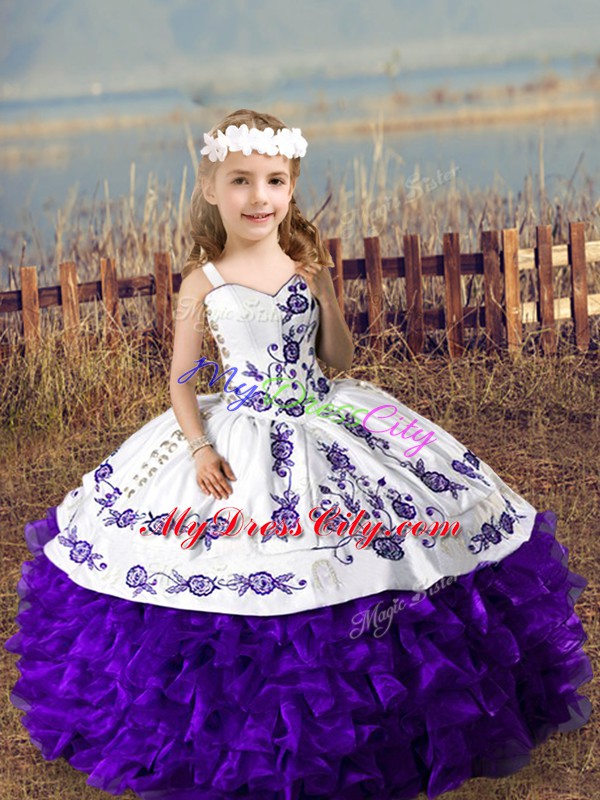 New Style Floor Length Lace Up Pageant Dresses Purple for Wedding Party with Embroidery and Ruffles