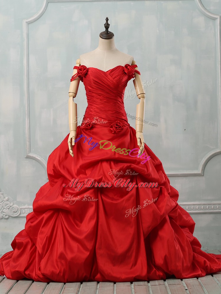 Court Train Ball Gowns Quinceanera Dresses Red Off The Shoulder Taffeta Sleeveless Lace Up