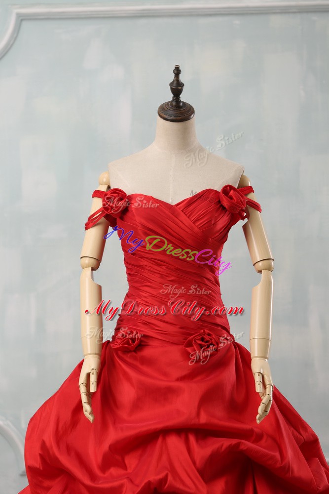 Court Train Ball Gowns Quinceanera Dresses Red Off The Shoulder Taffeta Sleeveless Lace Up