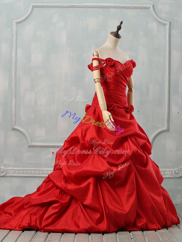 Court Train Ball Gowns Quinceanera Dresses Red Off The Shoulder Taffeta Sleeveless Lace Up