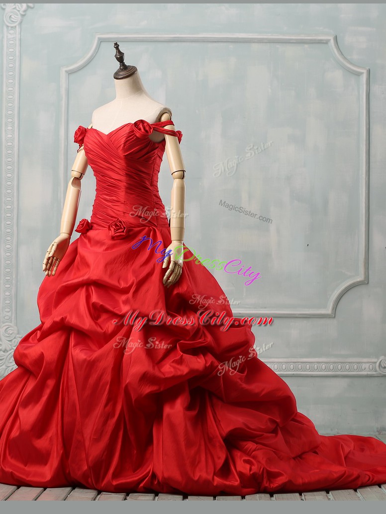 Court Train Ball Gowns Quinceanera Dresses Red Off The Shoulder Taffeta Sleeveless Lace Up