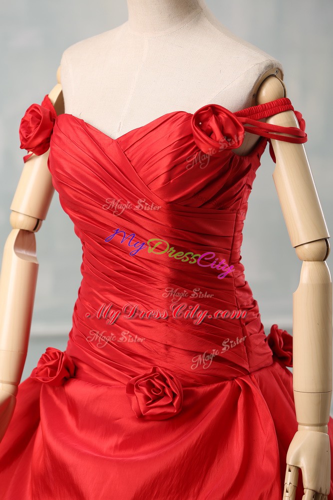 Court Train Ball Gowns Quinceanera Dresses Red Off The Shoulder Taffeta Sleeveless Lace Up