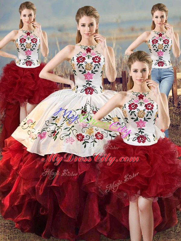 Halter Top Sleeveless Quinceanera Gowns Floor Length Embroidery and Ruffles White And Red Organza