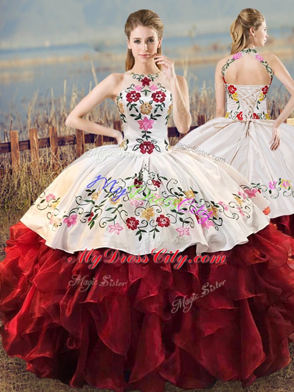 Halter Top Sleeveless Quinceanera Gowns Floor Length Embroidery and Ruffles White And Red Organza