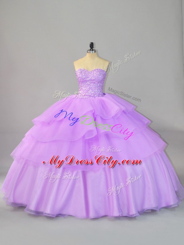 Lavender Sleeveless Beading and Ruffled Layers Lace Up Quinceanera Gowns