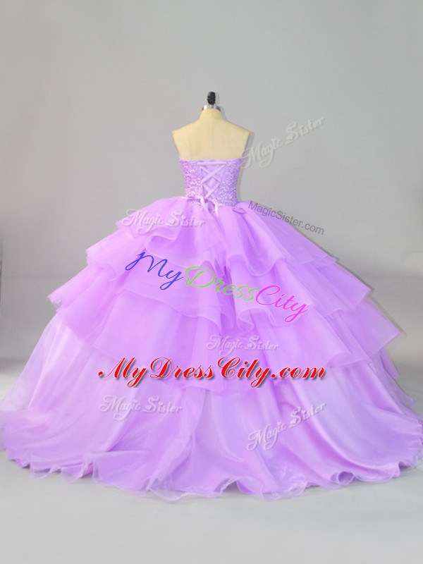 Lavender Sleeveless Beading and Ruffled Layers Lace Up Quinceanera Gowns