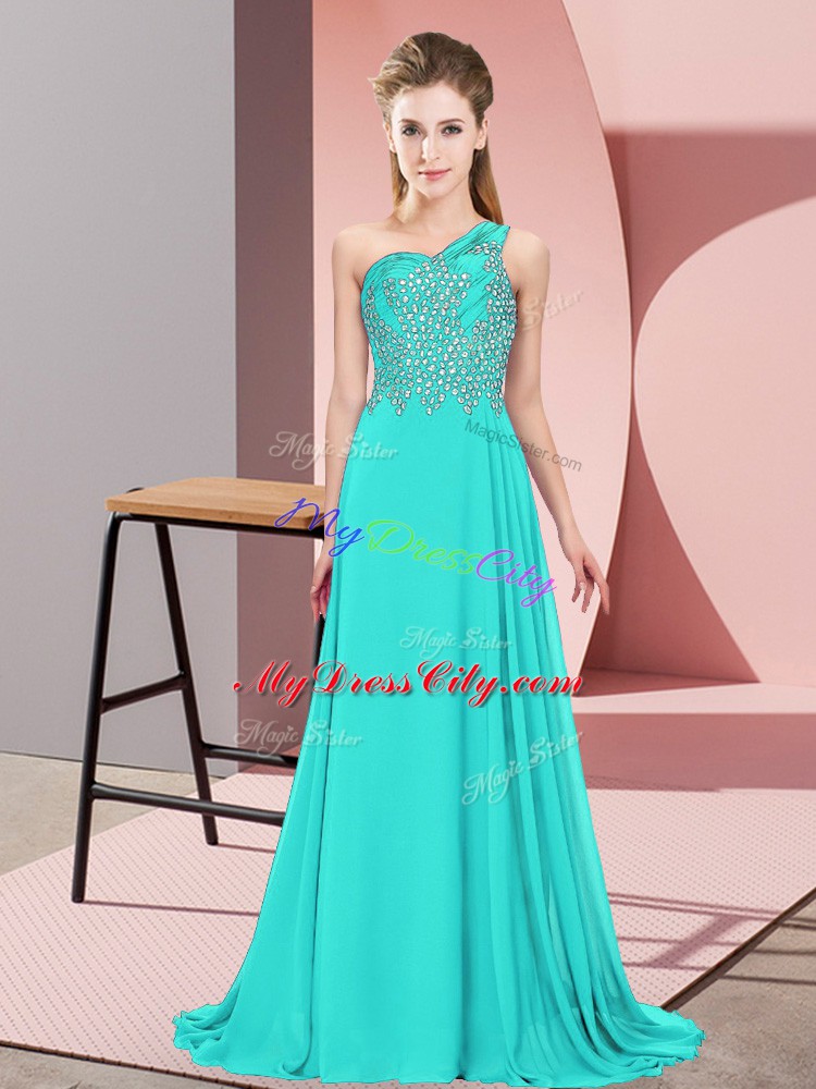 High Class Turquoise Chiffon Side Zipper Evening Dress Sleeveless Floor Length Beading