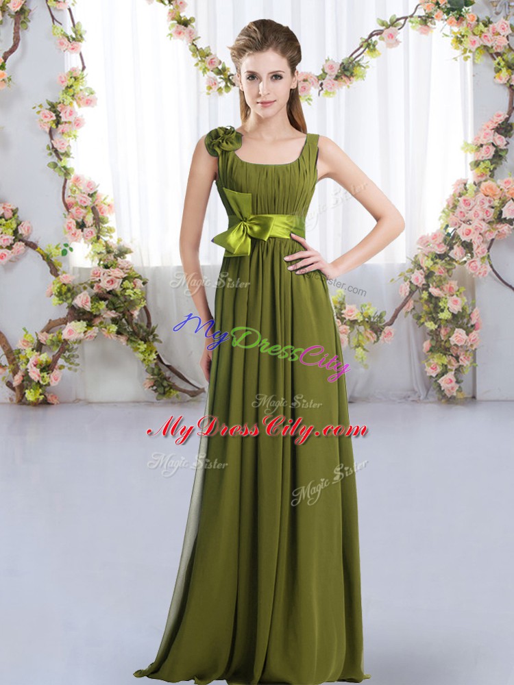 Olive Green Wedding Guest Dresses Wedding Party with Belt and Hand Made Flower Straps Sleeveless Zipper