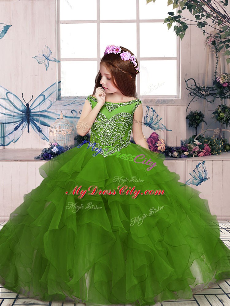 Olive Green Organza Zipper Scoop Sleeveless Floor Length Kids Pageant Dress Beading and Ruffles