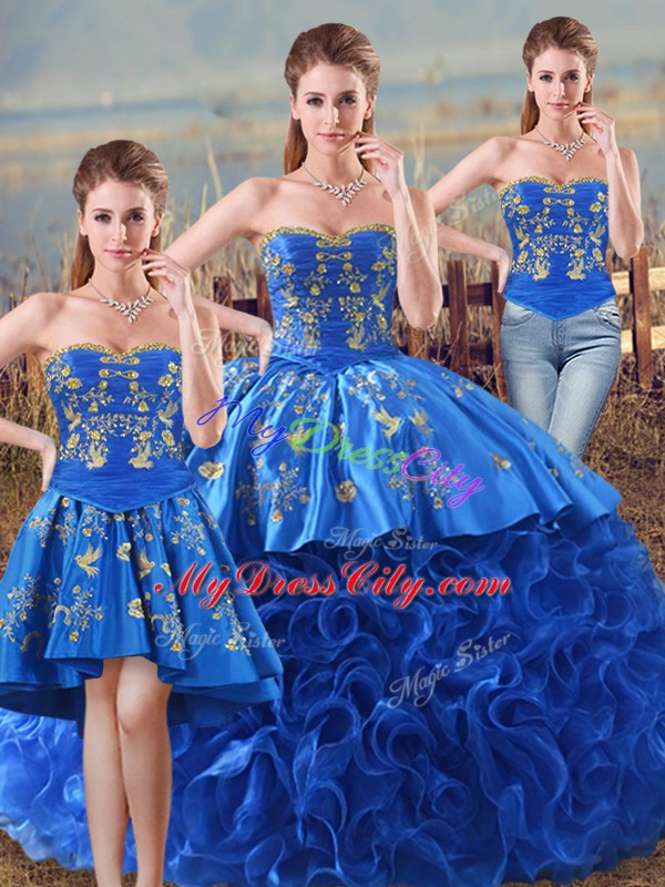 Royal Blue Sleeveless Embroidery and Ruffles Floor Length Quince Ball Gowns