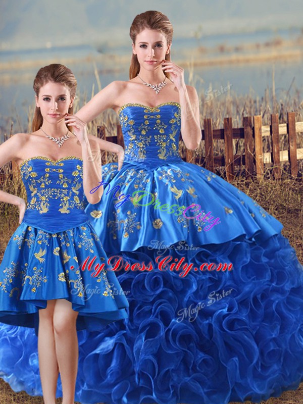 Royal Blue Sleeveless Embroidery and Ruffles Floor Length Quince Ball Gowns