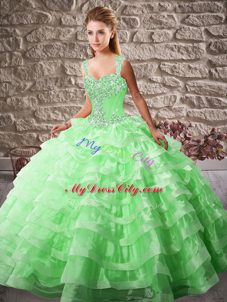 Stunning Green Sleeveless Court Train Beading and Ruffled Layers Quince Ball Gowns