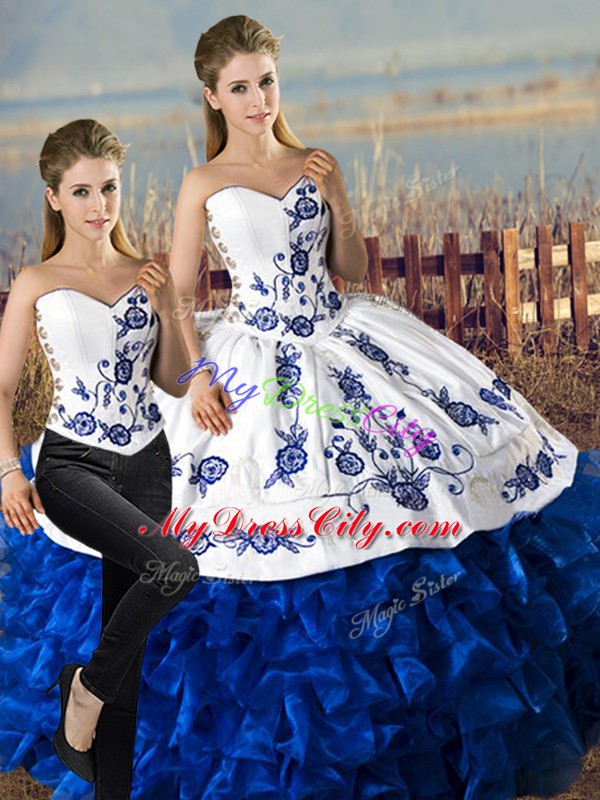 Nice Sweetheart Sleeveless Sweet 16 Dresses Floor Length Embroidery and Ruffles Blue And White Satin and Organza