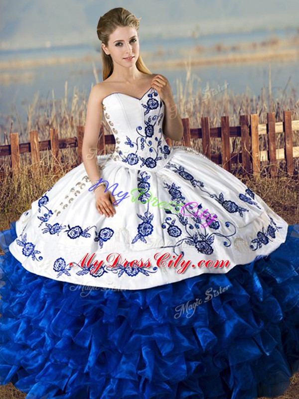 Nice Sweetheart Sleeveless Sweet 16 Dresses Floor Length Embroidery and Ruffles Blue And White Satin and Organza