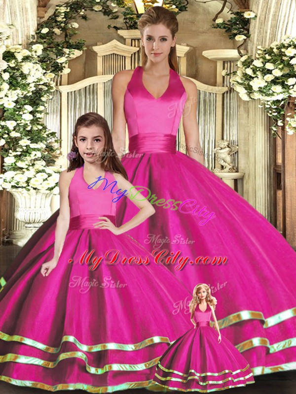 High Class Ruffled Layers Quinceanera Dresses Fuchsia Lace Up Sleeveless