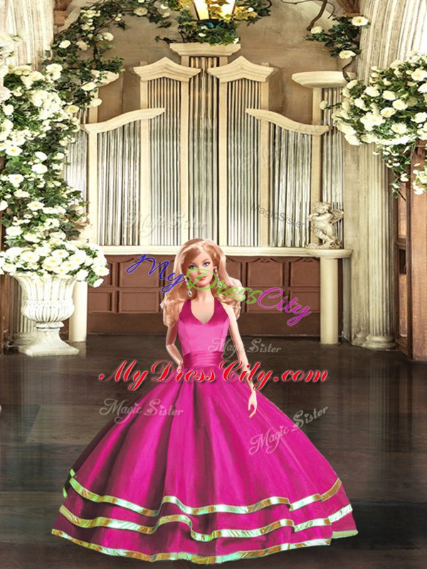 High Class Ruffled Layers Quinceanera Dresses Fuchsia Lace Up Sleeveless