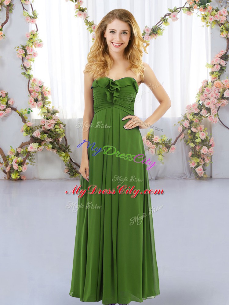 Delicate Floor Length Olive Green Wedding Party Dress Chiffon Sleeveless Ruffles