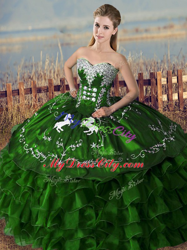 Embroidery and Ruffles Quinceanera Gown Green Lace Up Sleeveless Floor Length