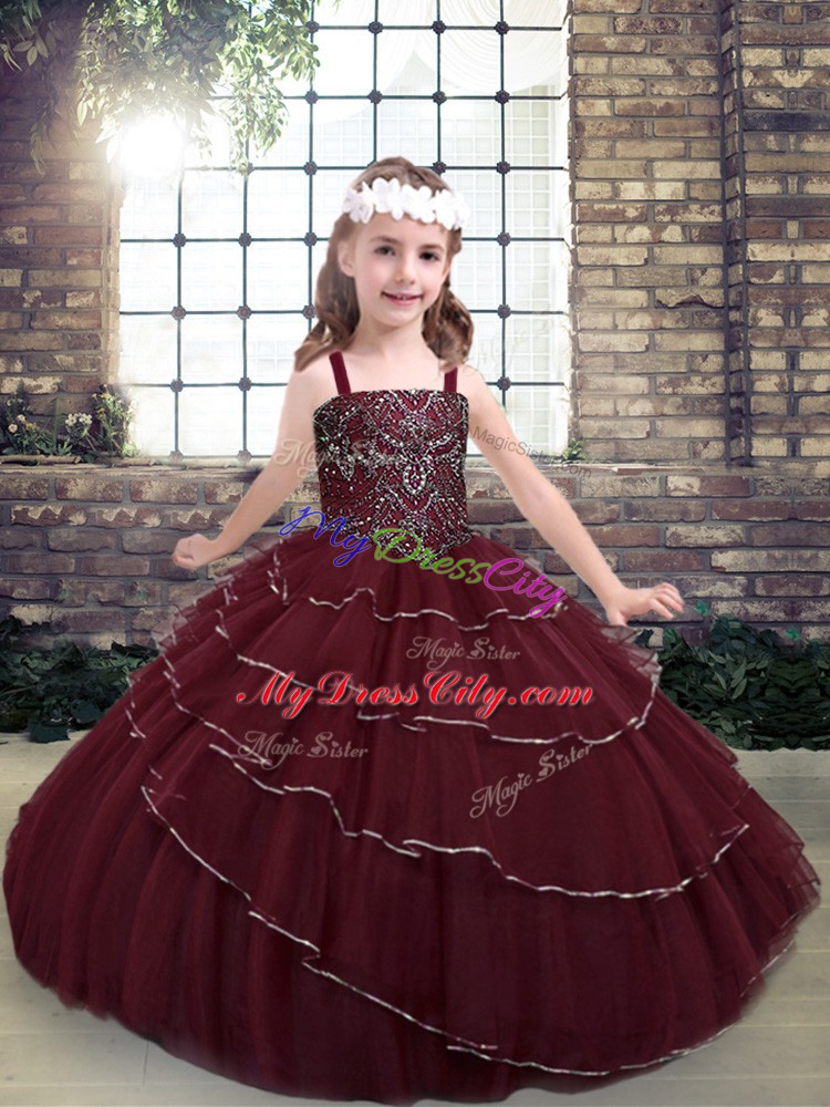 Eye-catching Floor Length Burgundy Pageant Dress for Teens Tulle Sleeveless Beading and Ruffled Layers