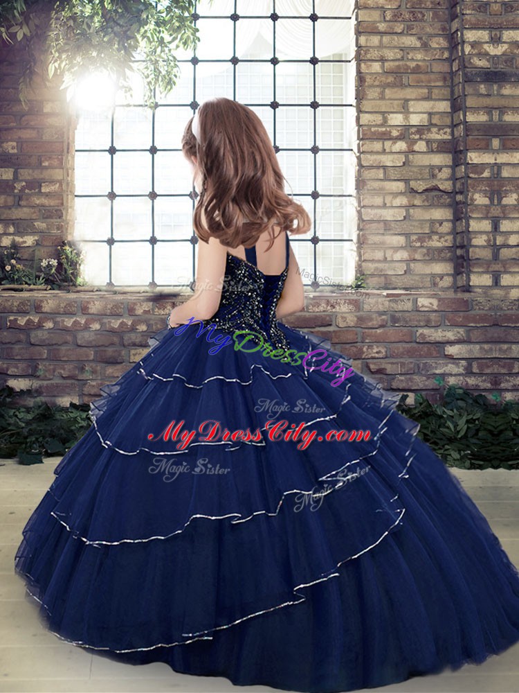 Eye-catching Floor Length Burgundy Pageant Dress for Teens Tulle Sleeveless Beading and Ruffled Layers