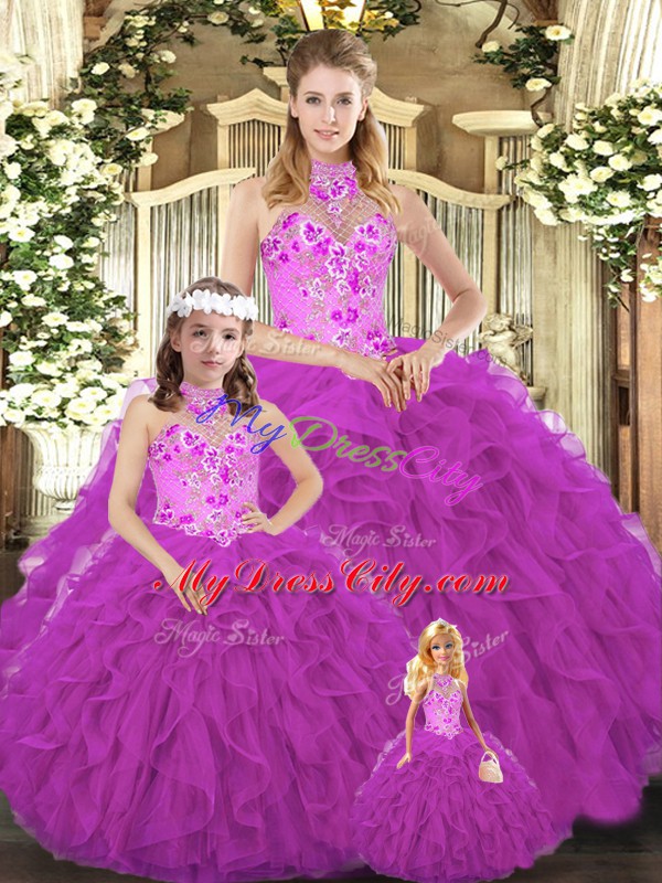 Extravagant Fuchsia Ball Gowns Embroidery and Ruffles 15th Birthday Dress Lace Up Tulle Sleeveless Floor Length