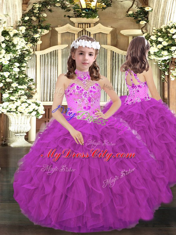 Extravagant Fuchsia Ball Gowns Embroidery and Ruffles 15th Birthday Dress Lace Up Tulle Sleeveless Floor Length