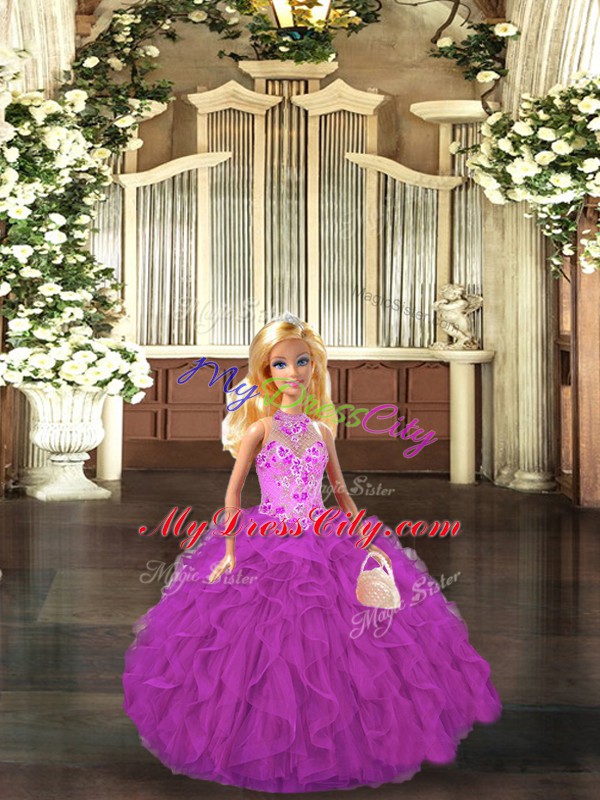 Extravagant Fuchsia Ball Gowns Embroidery and Ruffles 15th Birthday Dress Lace Up Tulle Sleeveless Floor Length