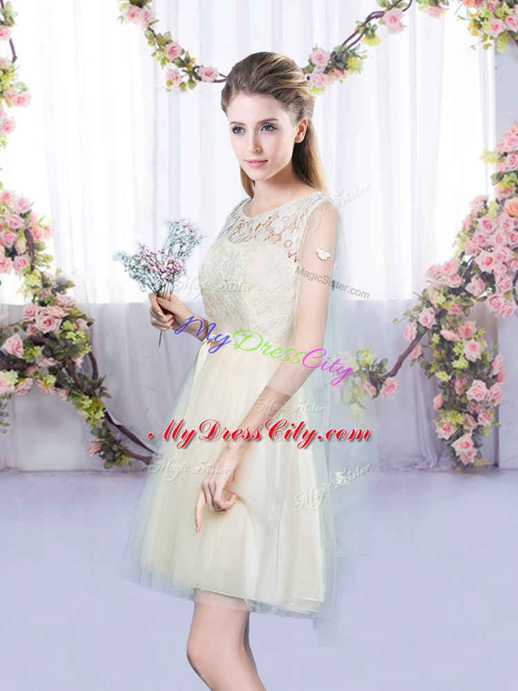 Champagne Sleeveless Lace and Bowknot Mini Length Wedding Party Dress