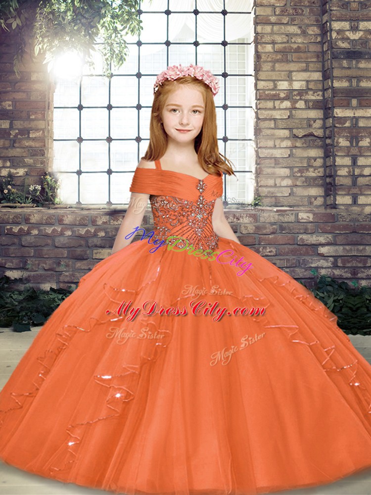 Orange Tulle Lace Up Pageant Dress Wholesale Sleeveless Floor Length Beading