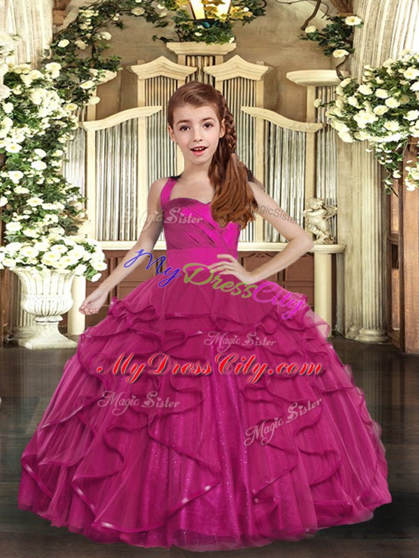 Attractive Fuchsia Ball Gowns Ruffles Pageant Dress Womens Lace Up Tulle Sleeveless Floor Length