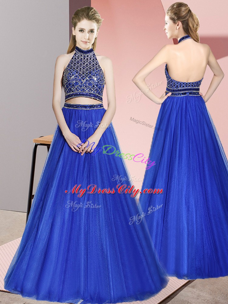 Floor Length Two Pieces Sleeveless Royal Blue Prom Dresses Backless