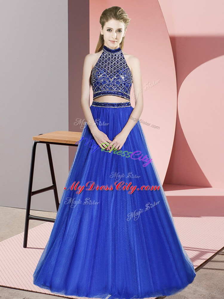 Floor Length Two Pieces Sleeveless Royal Blue Prom Dresses Backless