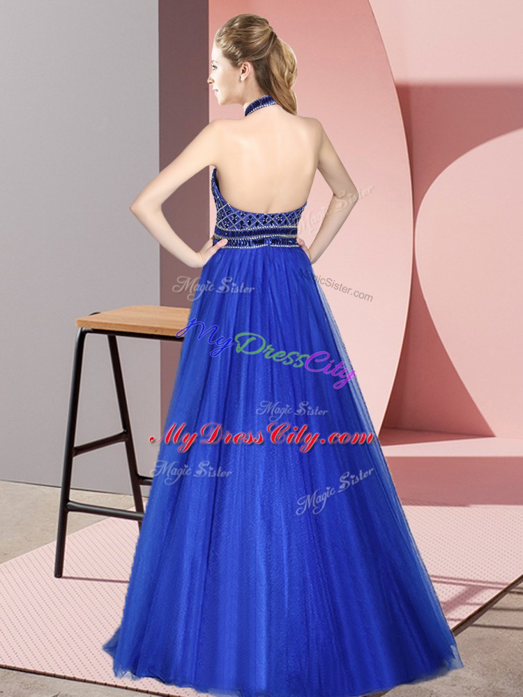 Floor Length Two Pieces Sleeveless Royal Blue Prom Dresses Backless