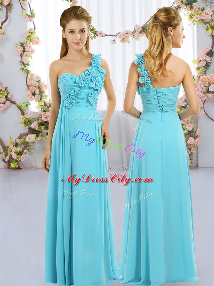 Customized Floor Length Aqua Blue Dama Dress Chiffon Sleeveless Hand Made Flower