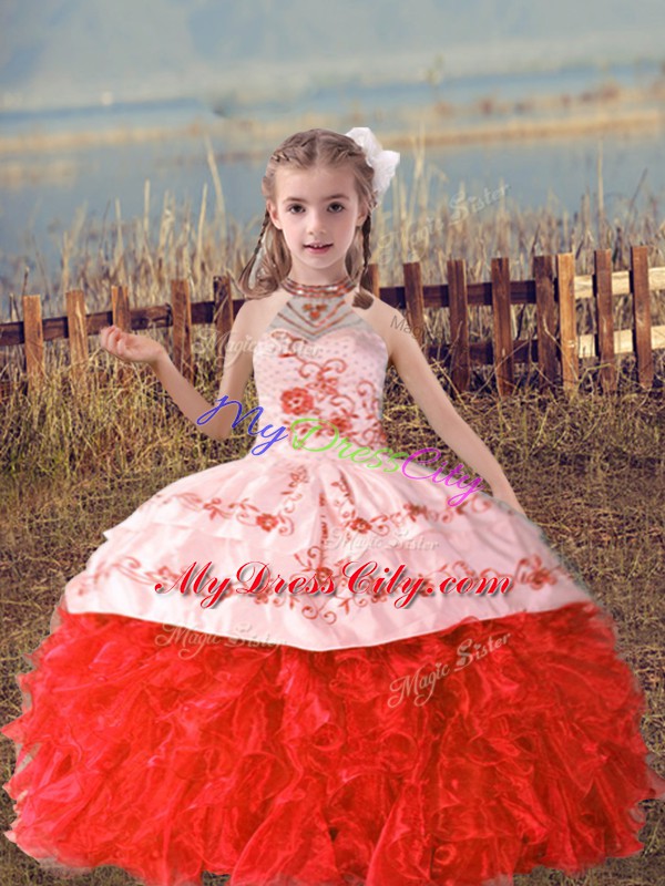 Ball Gowns Pageant Dress Wholesale Coral Red Halter Top Organza Sleeveless Floor Length Lace Up