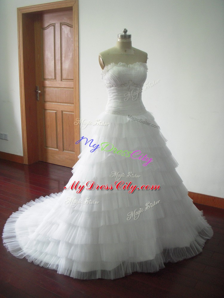 Hot Sale White Tulle Lace Up Wedding Gowns Sleeveless Brush Train Beading and Ruffled Layers