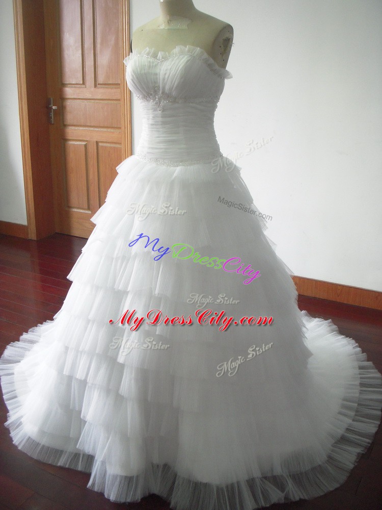 Hot Sale White Tulle Lace Up Wedding Gowns Sleeveless Brush Train Beading and Ruffled Layers