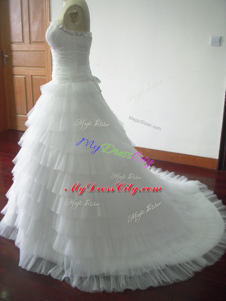 Hot Sale White Tulle Lace Up Wedding Gowns Sleeveless Brush Train Beading and Ruffled Layers