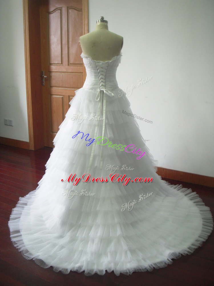 Hot Sale White Tulle Lace Up Wedding Gowns Sleeveless Brush Train Beading and Ruffled Layers