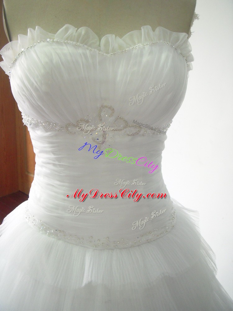 Hot Sale White Tulle Lace Up Wedding Gowns Sleeveless Brush Train Beading and Ruffled Layers