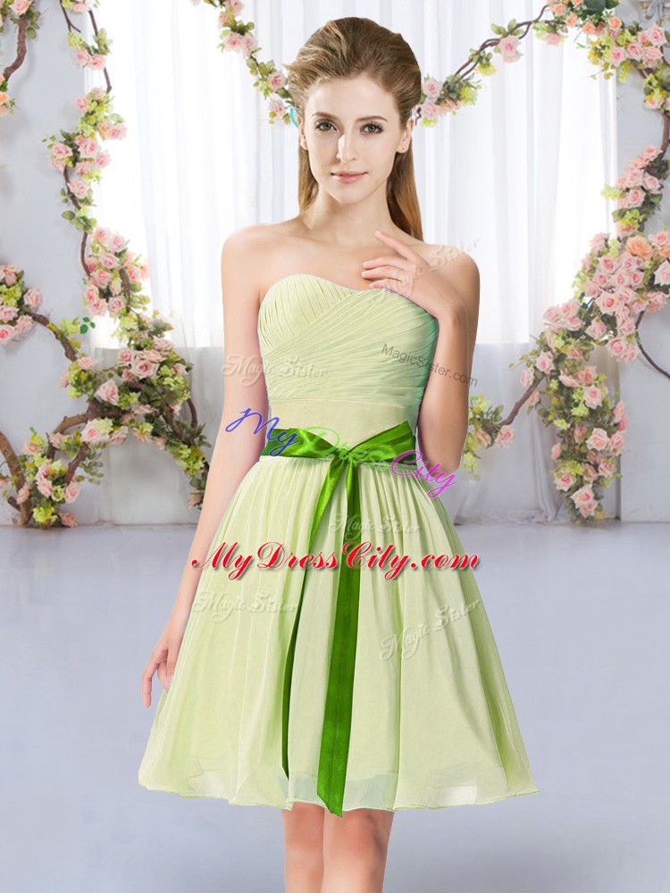 Sweetheart Sleeveless Bridesmaid Dress Mini Length Belt Yellow Green Chiffon