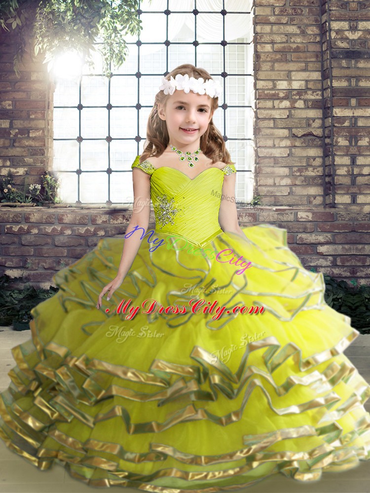 Organza Straps Sleeveless Lace Up Beading and Ruffles Custom Made Pageant Dress in Yellow Green