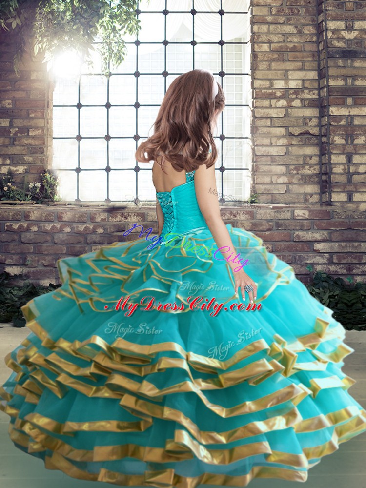 Organza Straps Sleeveless Lace Up Beading and Ruffles Custom Made Pageant Dress in Yellow Green