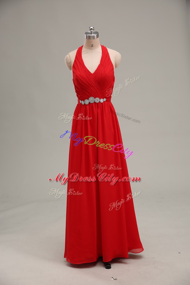 Luxury Floor Length Zipper Prom Dress Red for Prom and Party and Military Ball with Beading and Ruching