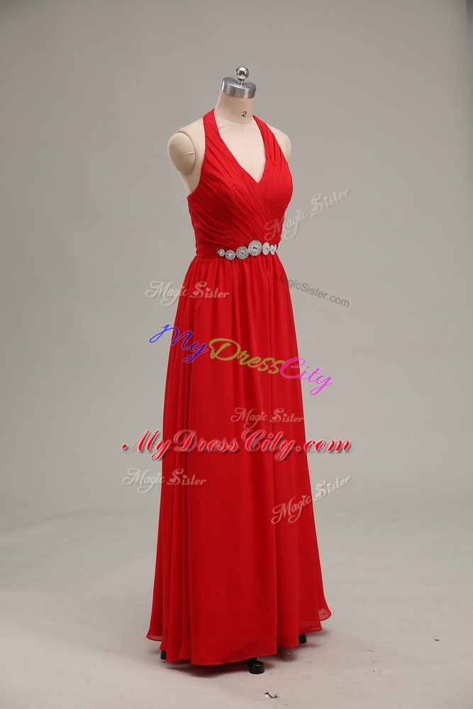 Luxury Floor Length Zipper Prom Dress Red for Prom and Party and Military Ball with Beading and Ruching