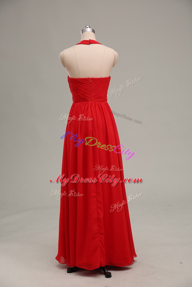 Luxury Floor Length Zipper Prom Dress Red for Prom and Party and Military Ball with Beading and Ruching