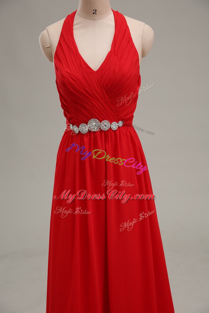 Luxury Floor Length Zipper Prom Dress Red for Prom and Party and Military Ball with Beading and Ruching